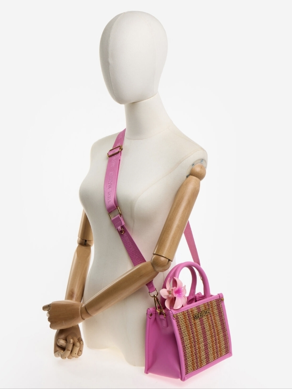 Steve Madden Pink Straw Top-Handle Bag with Floral Accent - Picture 3 of 5